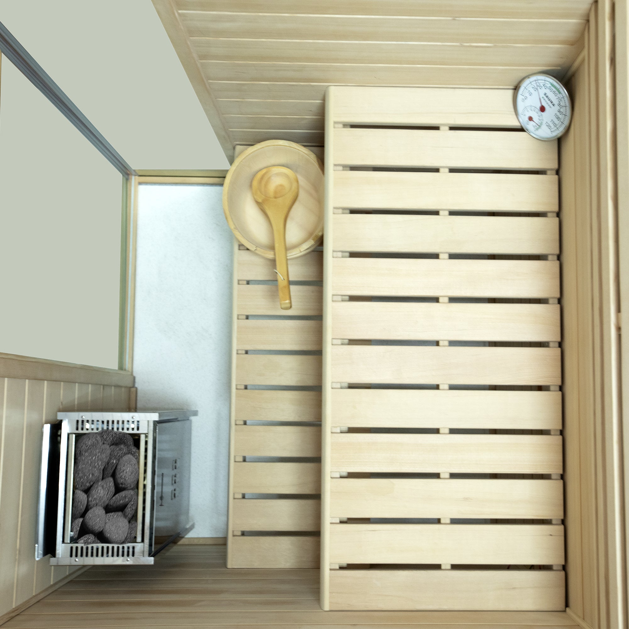701SH 1-Person Indoor Hemlock Wood Steam Sauna - Interior Detail View
