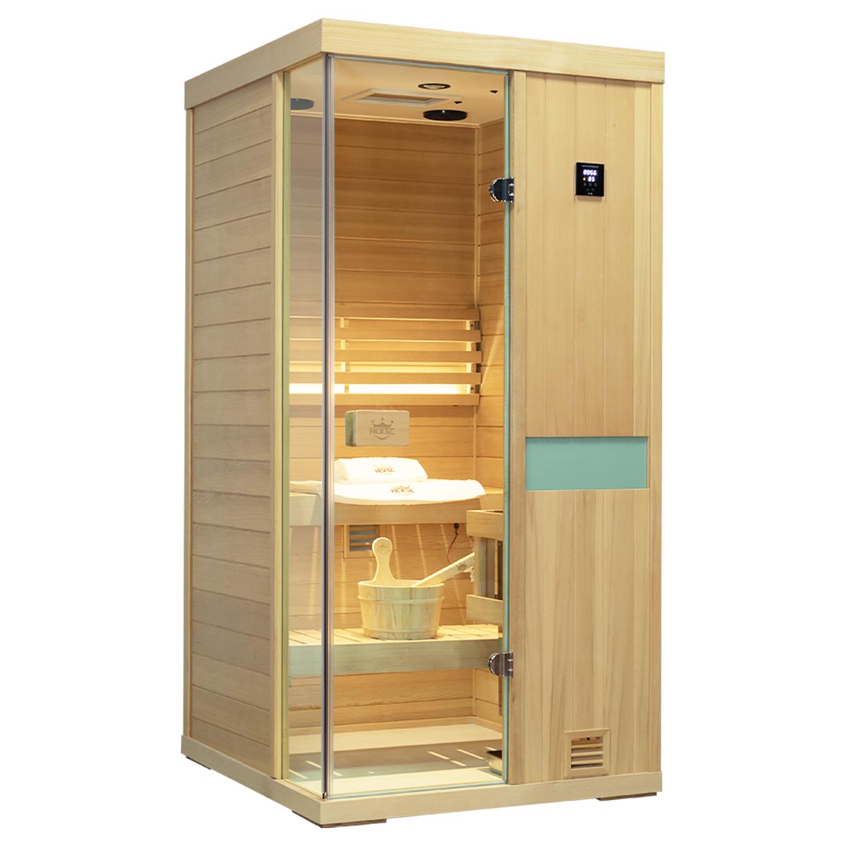 helmock wood steam sauna chamber fitted with professional steam generator for abundant soft steam relaxation