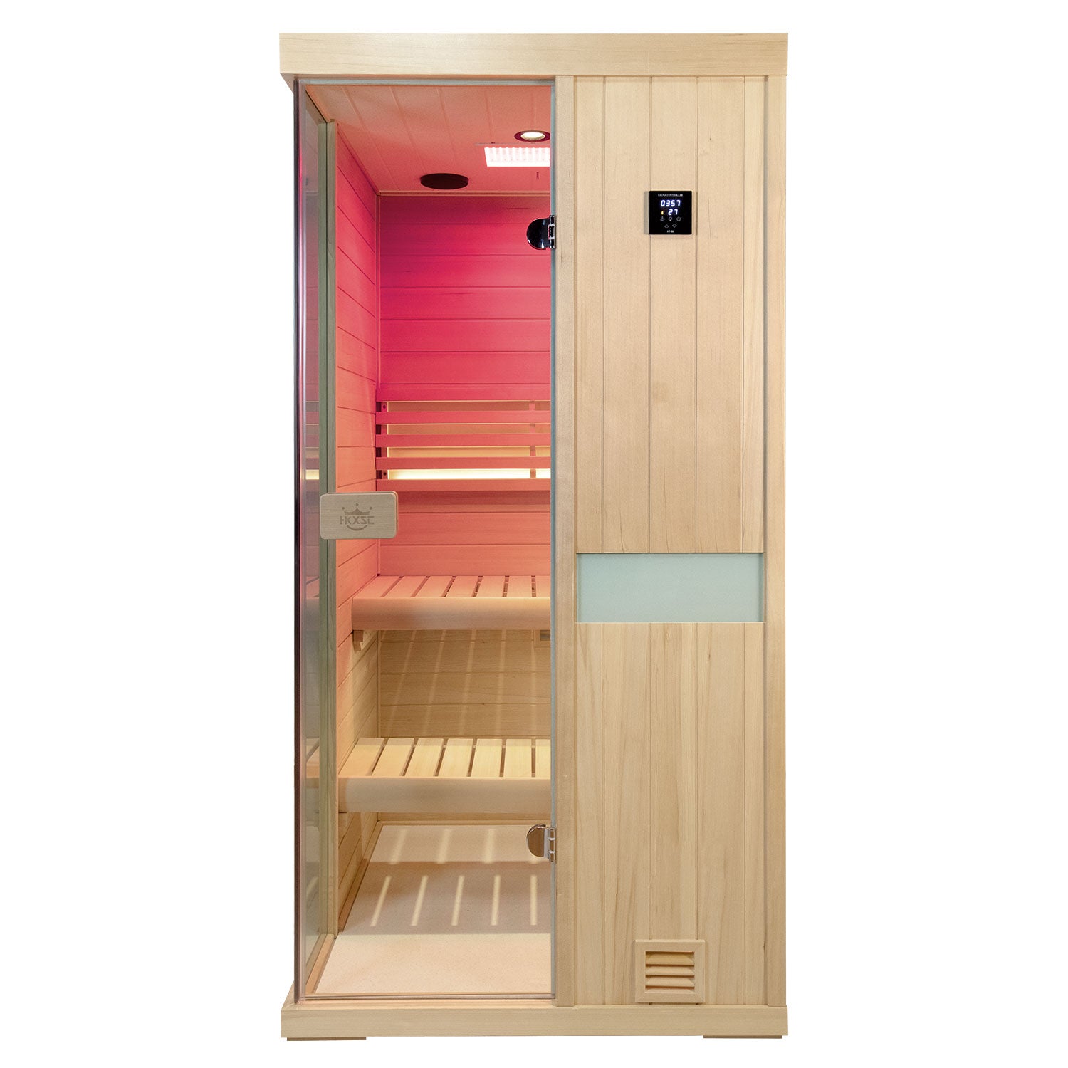 Deluxe indoor hemlock steam sauna for whole-house health and wellness configurations