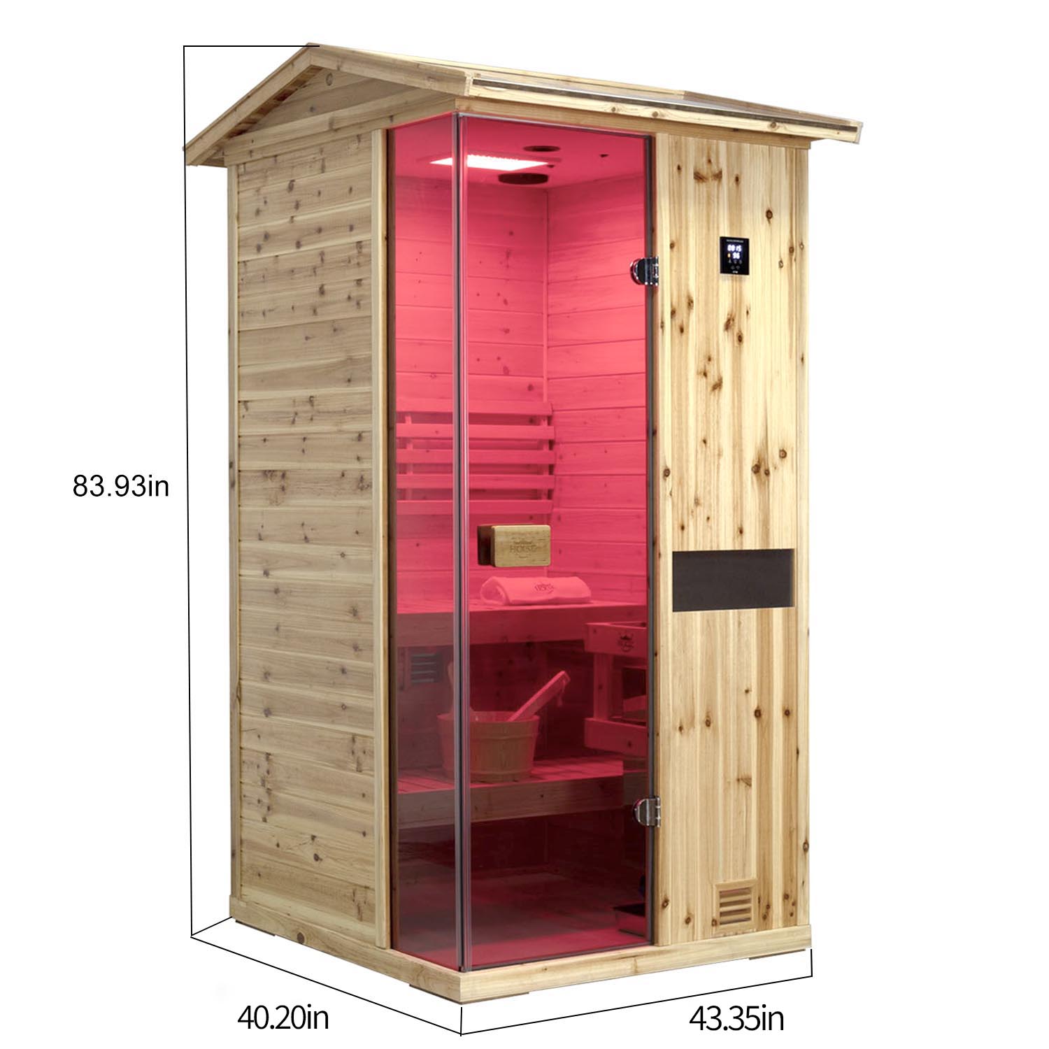 Old fir solid wood outdoor steam sauna, V-shaped top structure, waterproof and sun protection, external size display