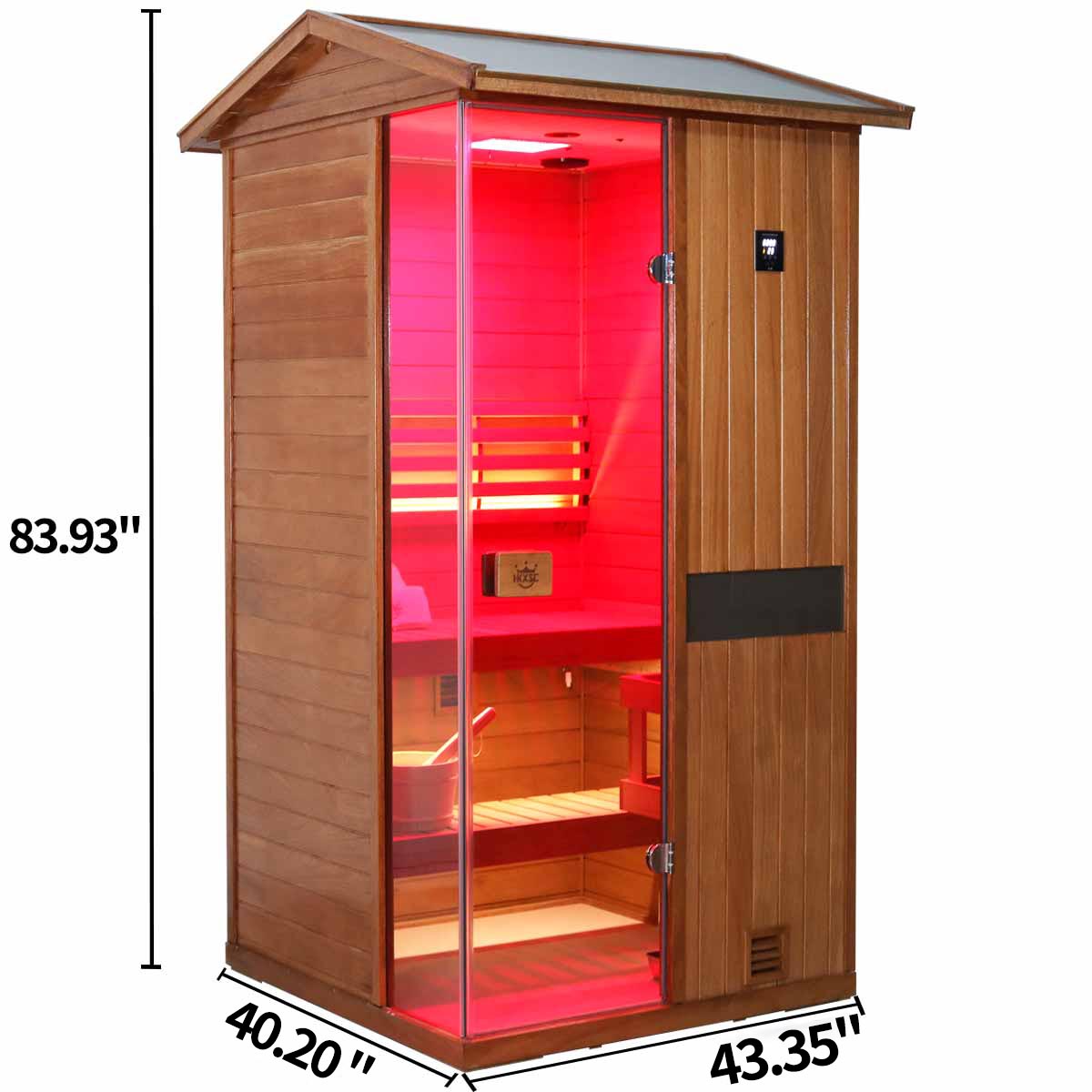 mahogany solid wood outdoor steam sauna, V-shaped top structure, waterproof and sun protection, external size display