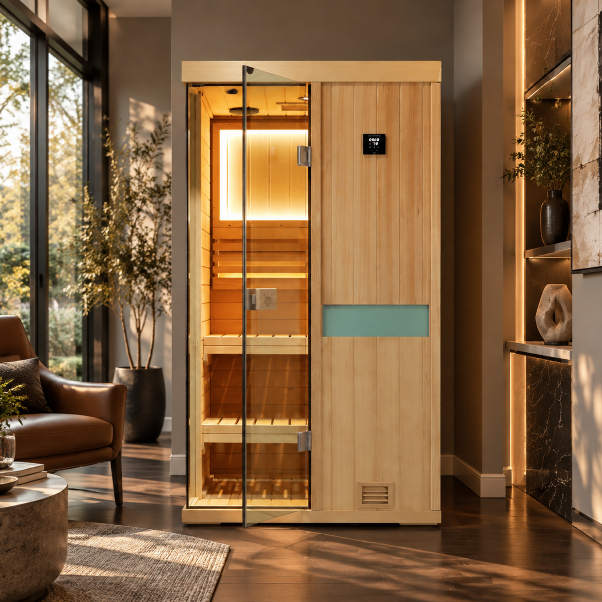 HKXSC 701SH 1-Person hemlock home sauna with a water-based clear finish that preserves the natural appearance of the wood