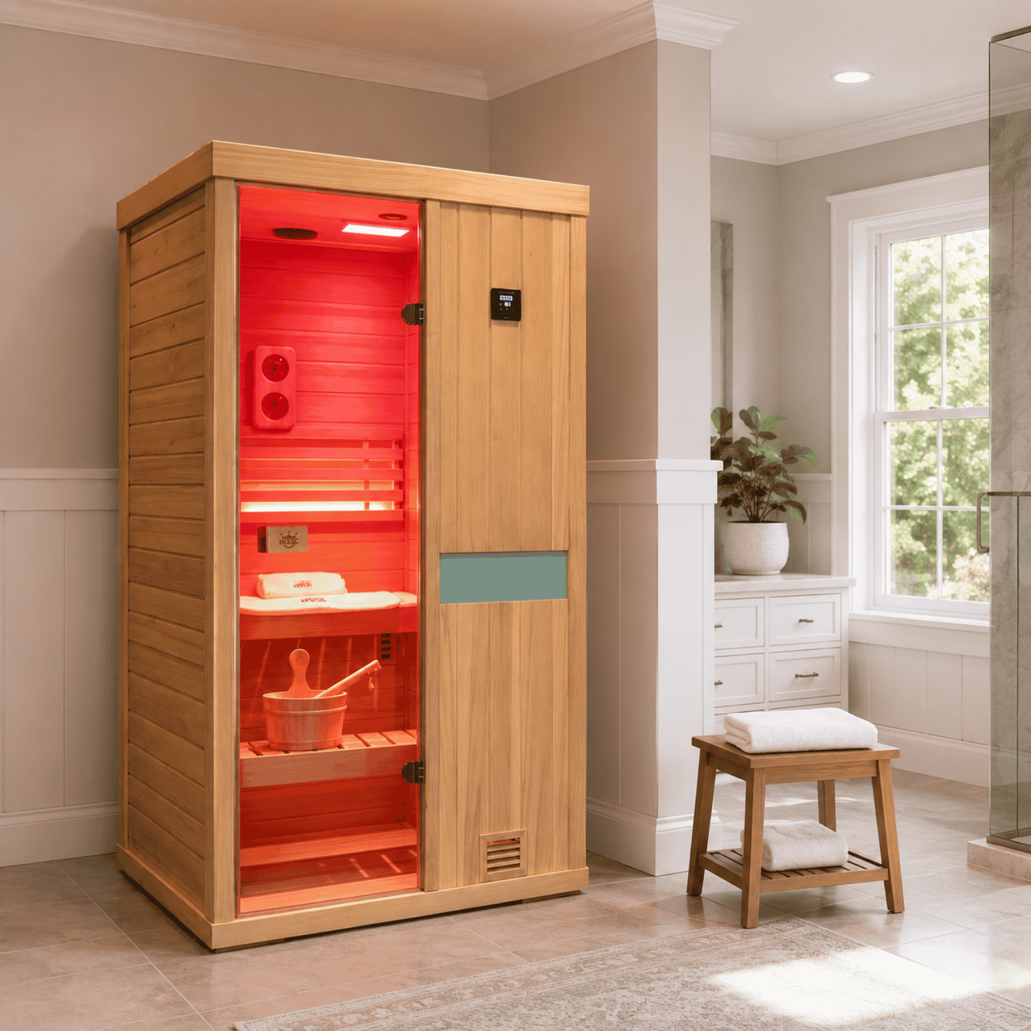 HKXSC 701SH 1-person indoor steam sauna in Canadian hemlock wood with tempered glass door and digital control panel