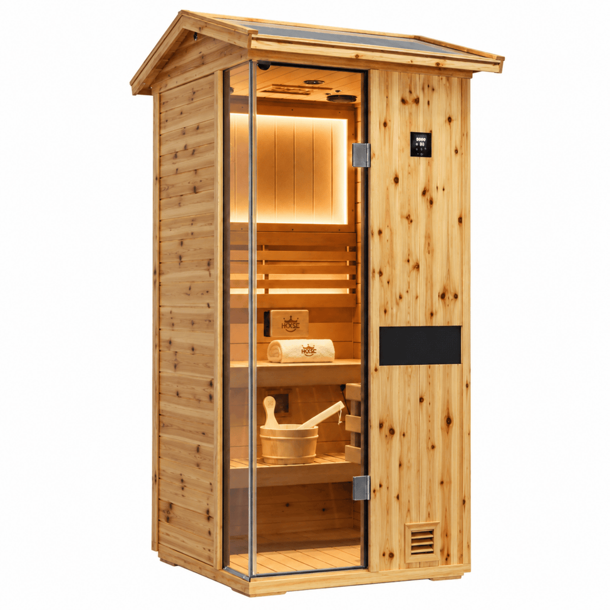 HKXSC 701VS 1-Person outdoor sauna featuring an oil-wax finish to help protect the US fir wood exterior from weather exposure