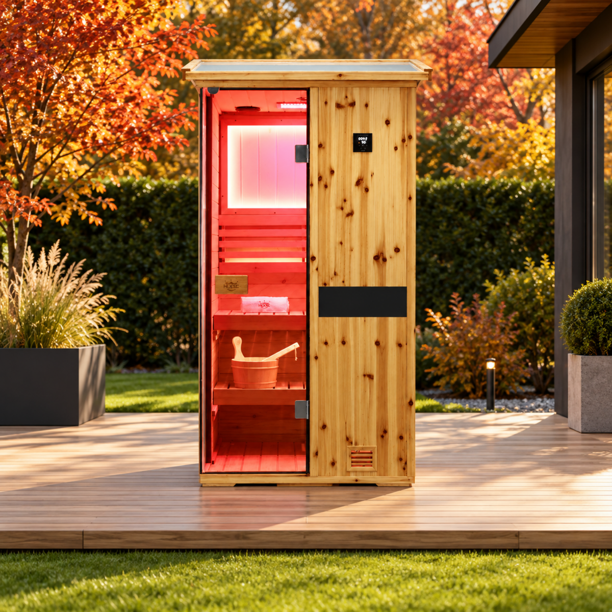 HKXSC 701VS 1-Person US fir wood sauna with a V-shaped roof designed to support rainwater drainage