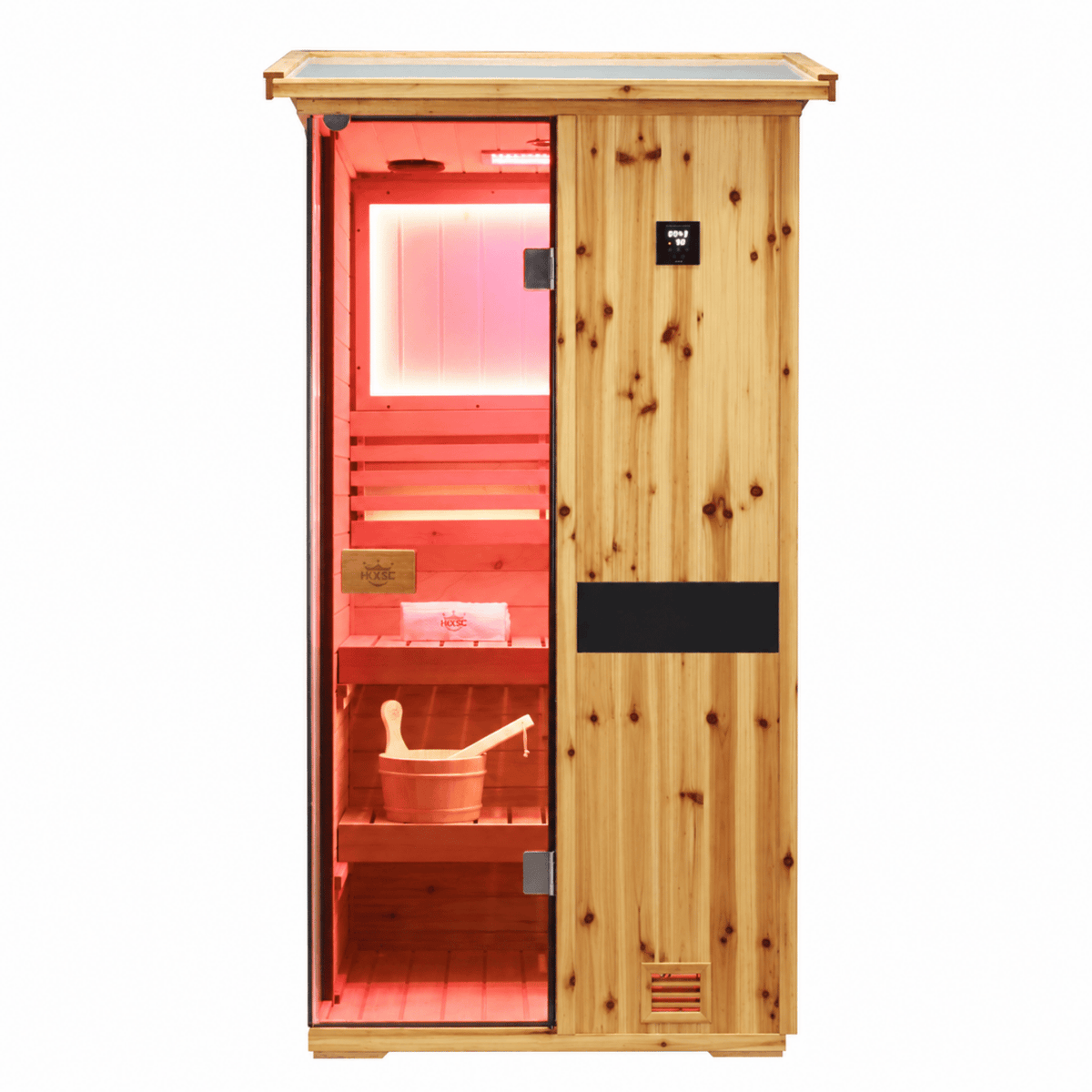 HKXSC 701VS 1-Person outdoor fir wood sauna featuring 660nm red lights and a distinctive V-shaped roof