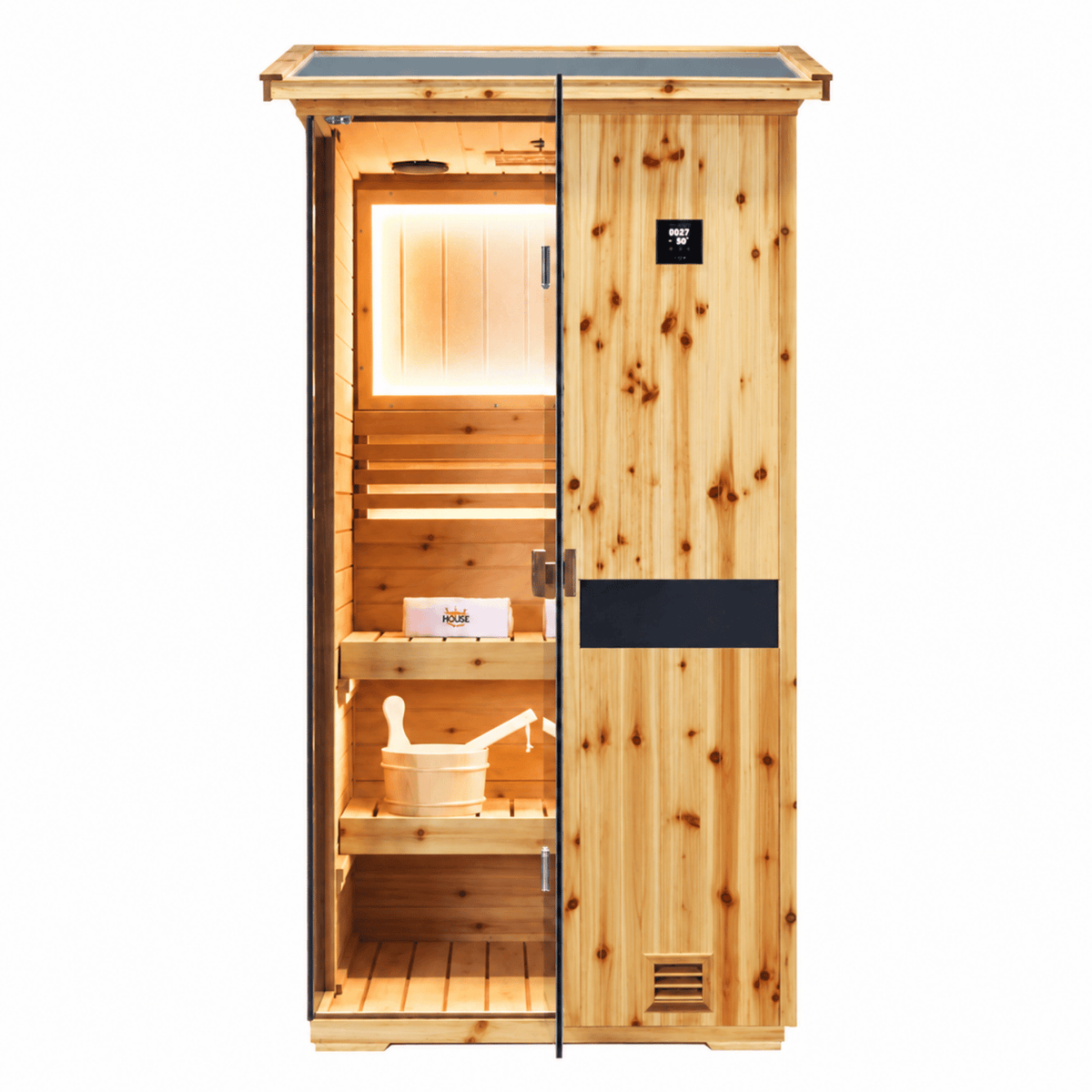 HKXSC 701VS 1-Person US fir wood outdoor sauna equipped with negative-ion panels and an oil-wax-protected exterior
