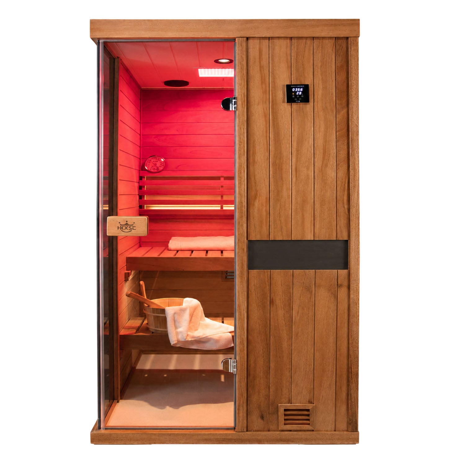 HKXSC Indoor two person mahogany sauna front display, quality door handle, all accessories included
