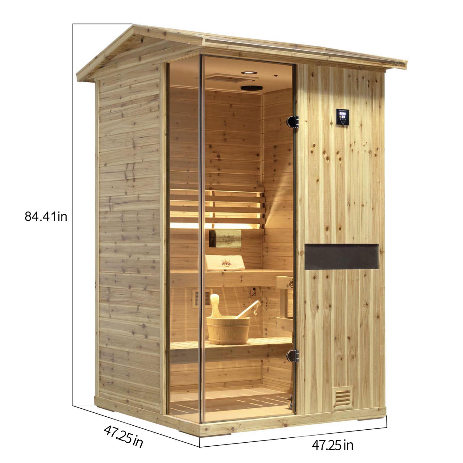 The outdoor two person steam sauna has an exterior size that can be easily used by two people
