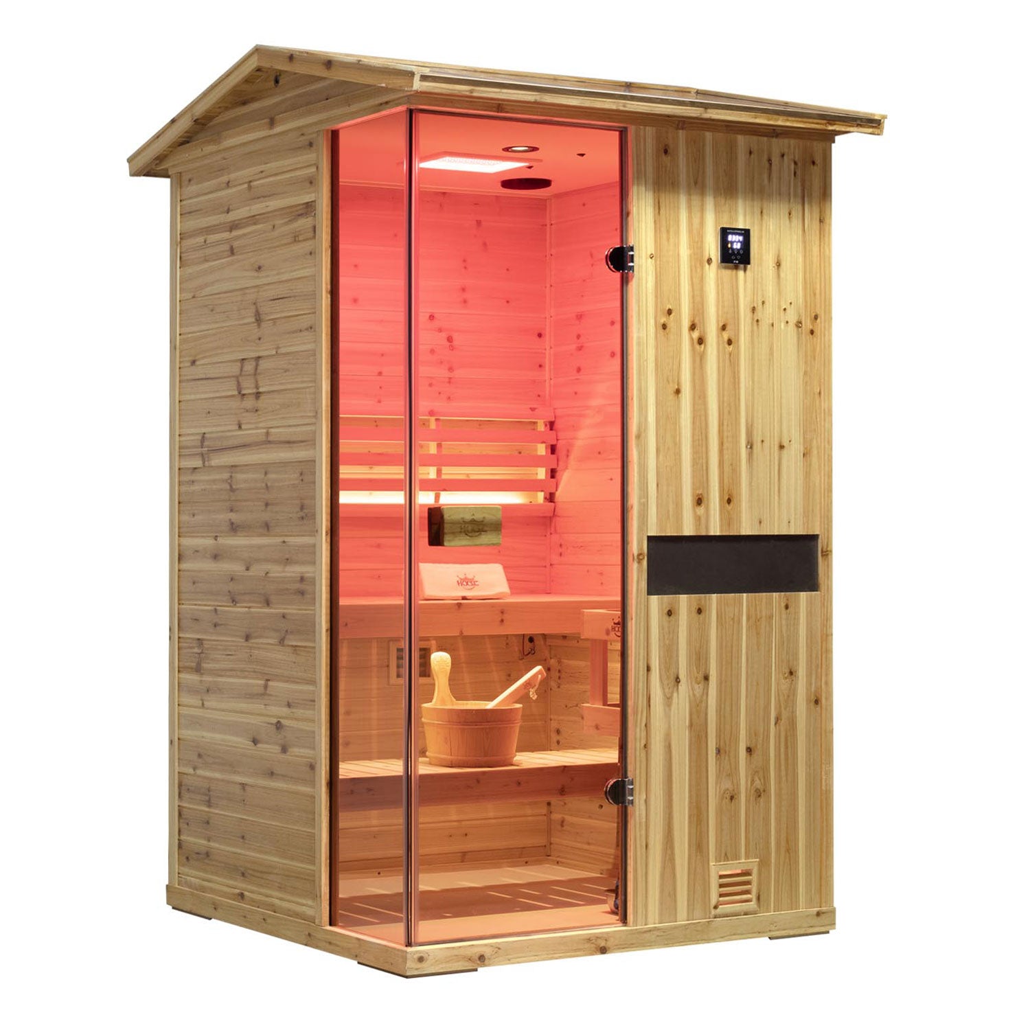 two person old fir solid wood outdoor steam sauna, thermal insulation and breathability, left view, sauna contains all accessories