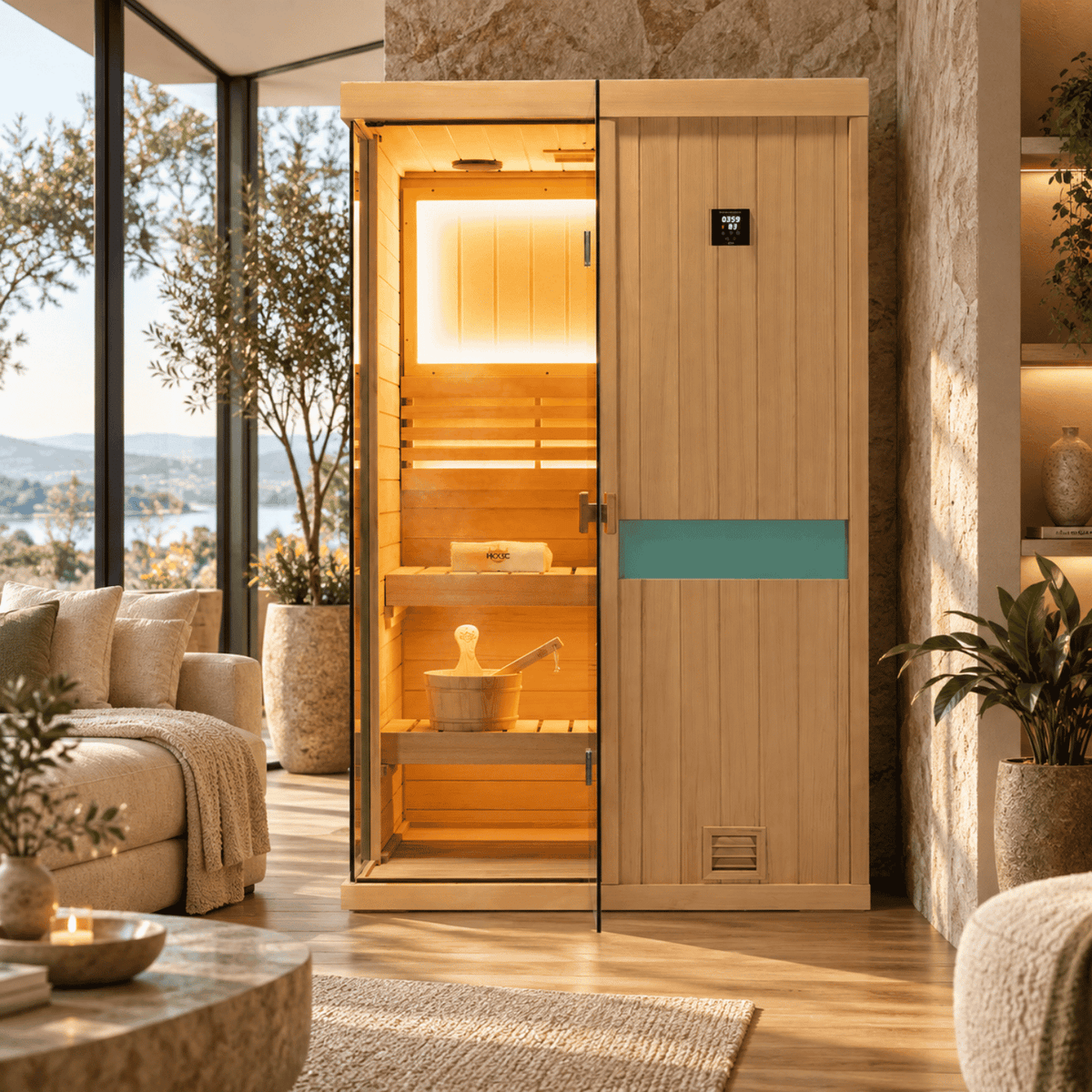 HKXSC 702SH 2-Person indoor sauna made from hemlock wood with a water-based clear finish
