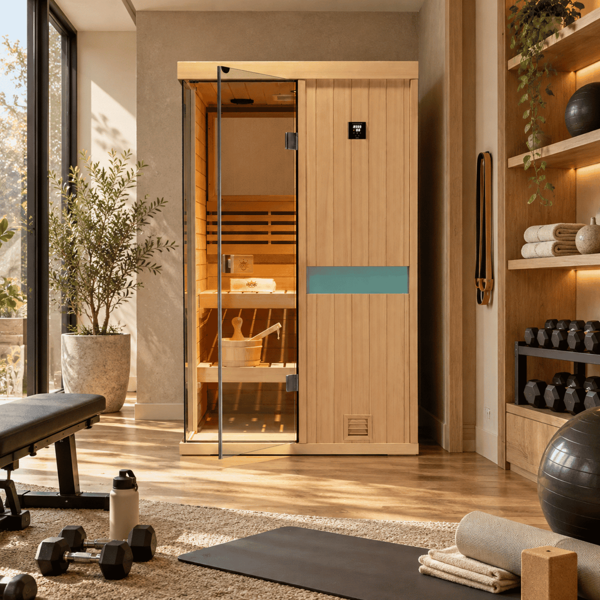 HKXSC 702SH 2-Person hemlock home sauna featuring 660nm red lights and negative-ion panels for indoor use