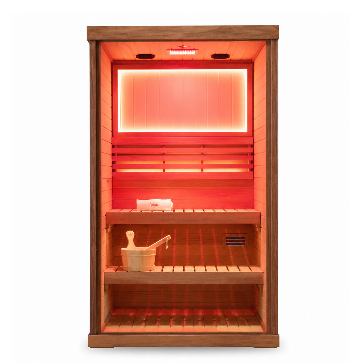 HKXSC 702ST 2-Person African mahogany home sauna featuring 660nm red lights and negative-ion panels, designed for indoor use