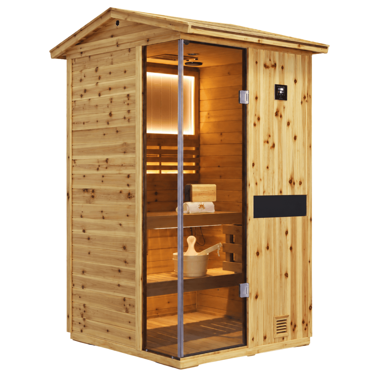HKXSC 702VS 2-Person outdoor sauna made from US fir wood, designed for a home outdoor sauna space