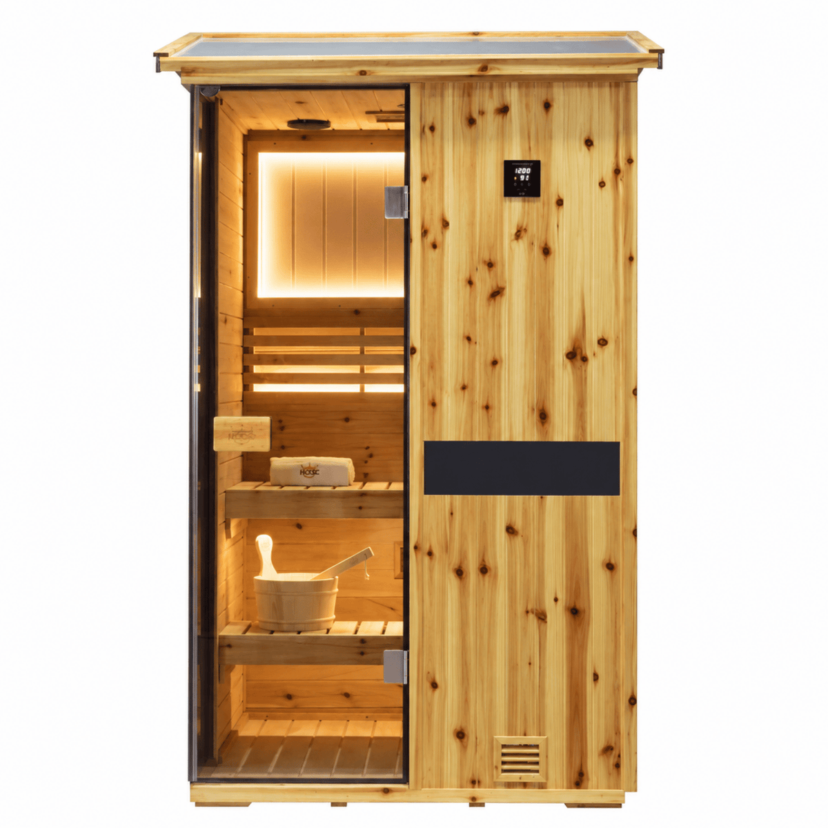 HKXSC 702VS 2-Person outdoor sauna featuring US fir wood construction and an oil-wax exterior finish for weather protection