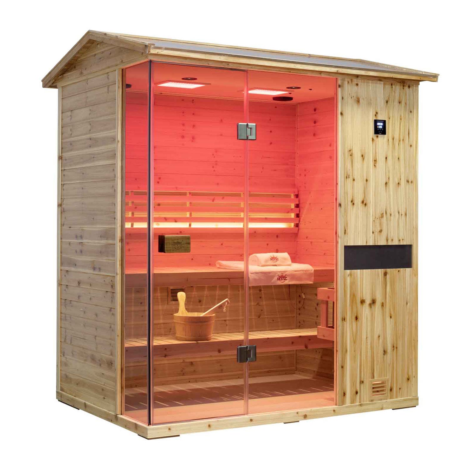 Natural old fir outdoor steam sauna, V-shaped roof, moisture and weather resistance