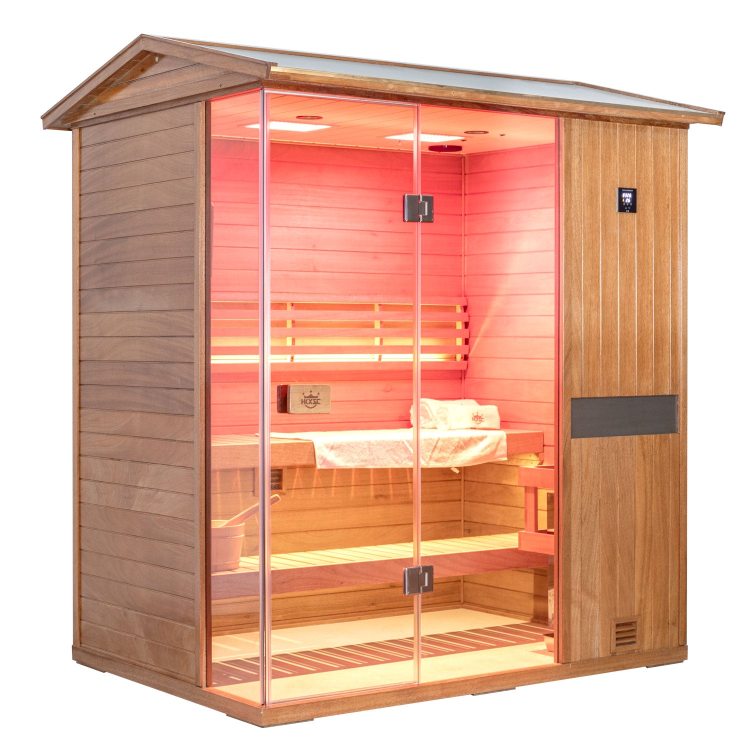 Mahogany wood V-top steam sauna for outdoor wind and sun protection