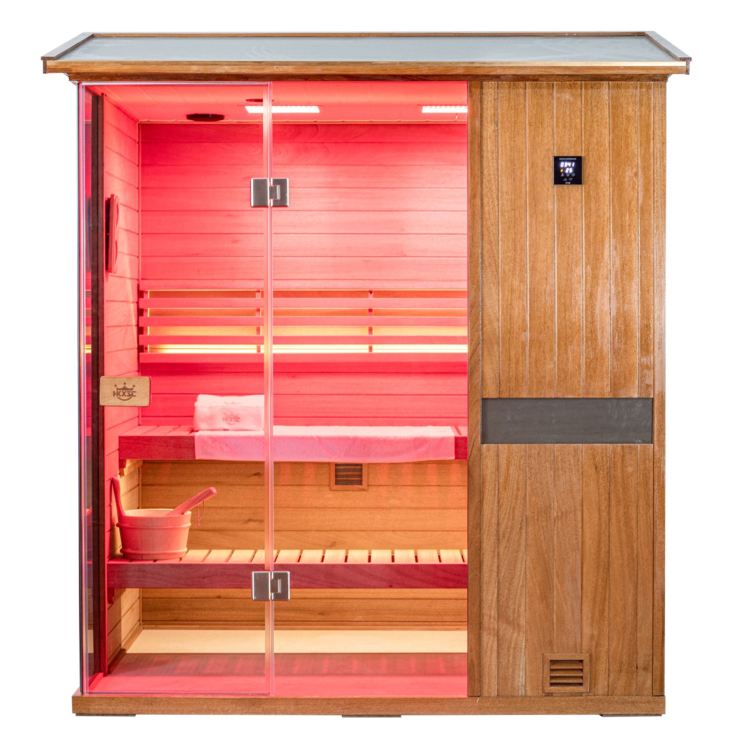 Outdoor steam sauna, natural mahogany wood, V-shaped top streamline shape