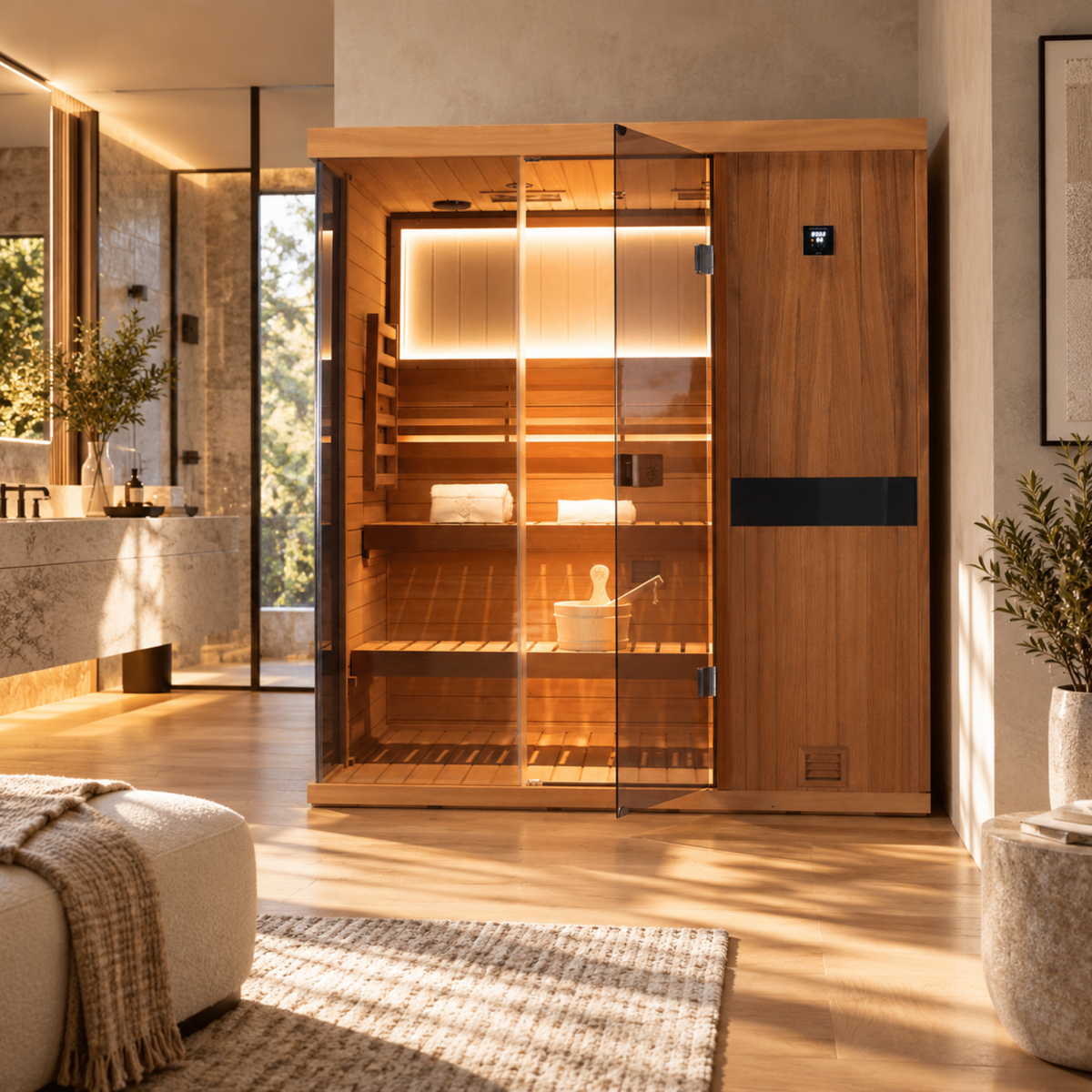 HKXSC 703ST 3-Person African mahogany sauna for an indoor home sauna setting, with a water-based clear finish