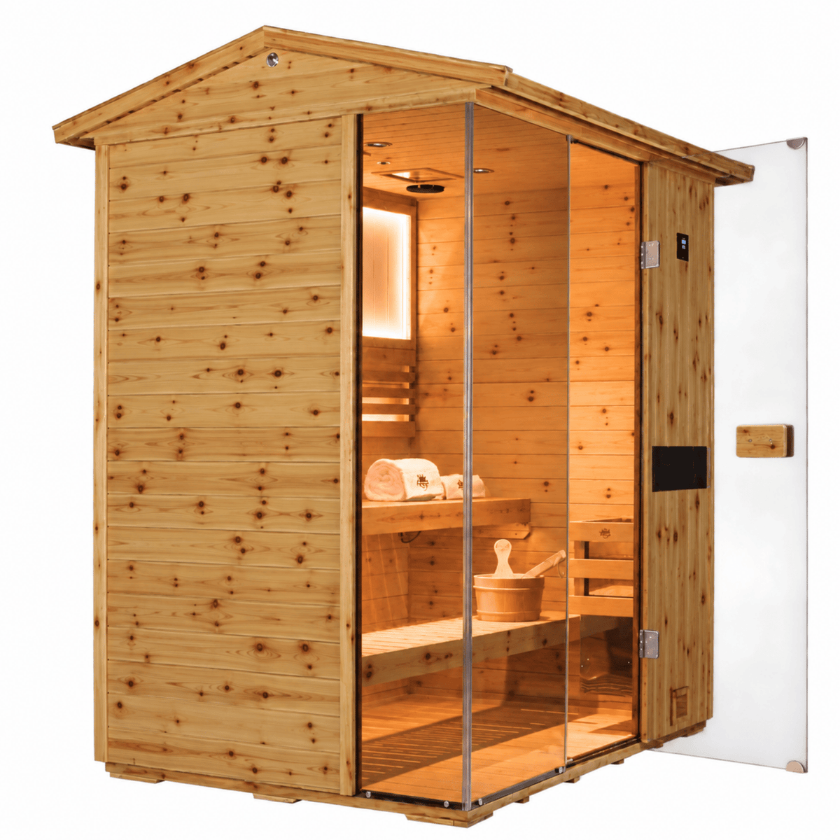 HKXSC 703VS 3-Person outdoor fir wood sauna featuring 660nm red lights and a V-shaped roof