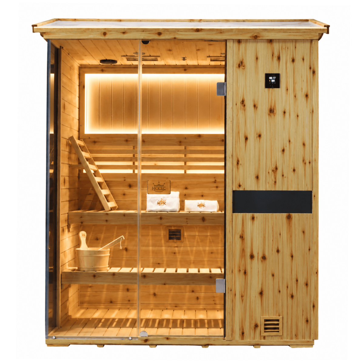 HKXSC 703VS US fir wood outdoor sauna with a protective oil-wax finish and a V-shaped drainage roof, designed for 3-Person use