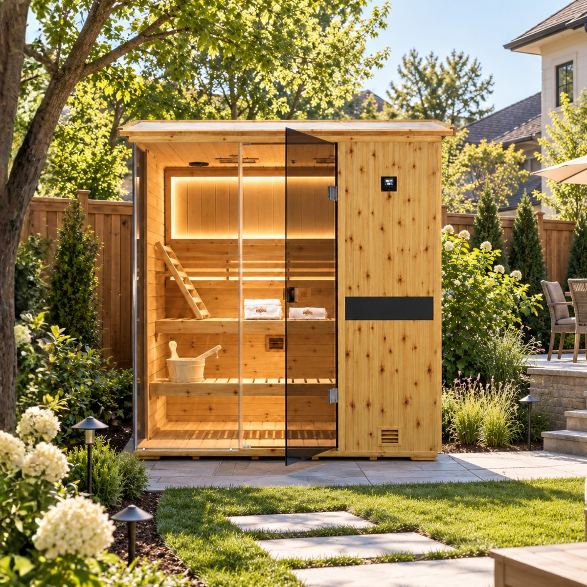 HKXSC 703VS 3-Person fir wood sauna featuring a distinctive V-shaped outdoor roof and 660nm red lighting