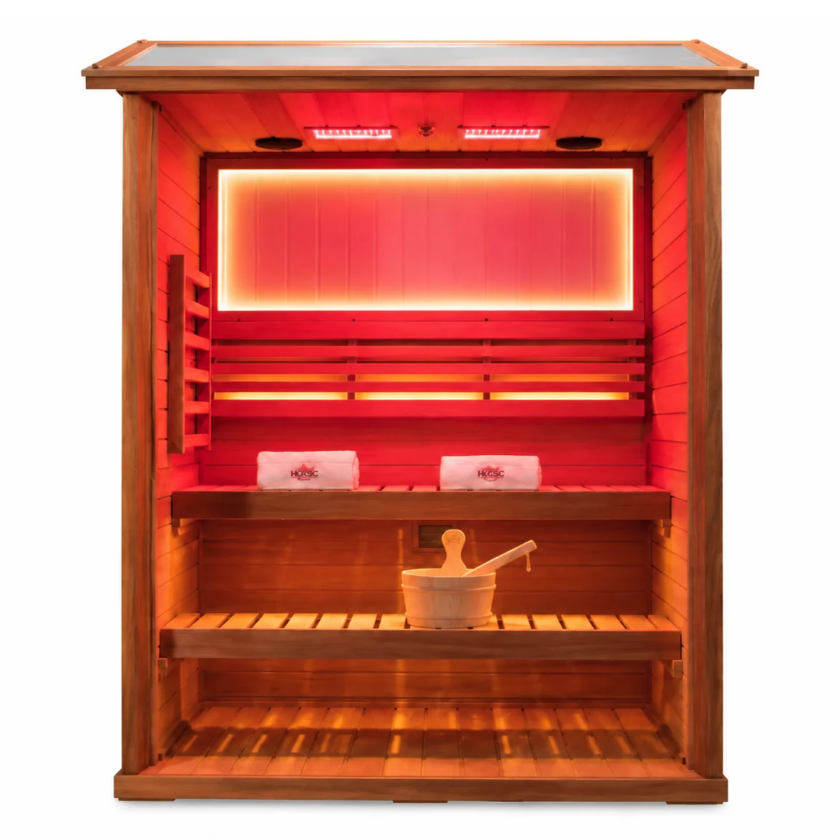 HKXSC 703VT 3-Person African mahogany outdoor sauna with a V-shaped roof for rainwater drainage and 660nm red lights