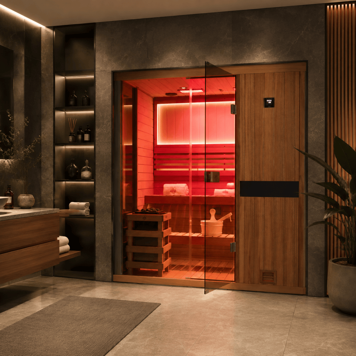 HKXSC 704ST 4-person indoor African Mahogany steam sauna in home spa setting