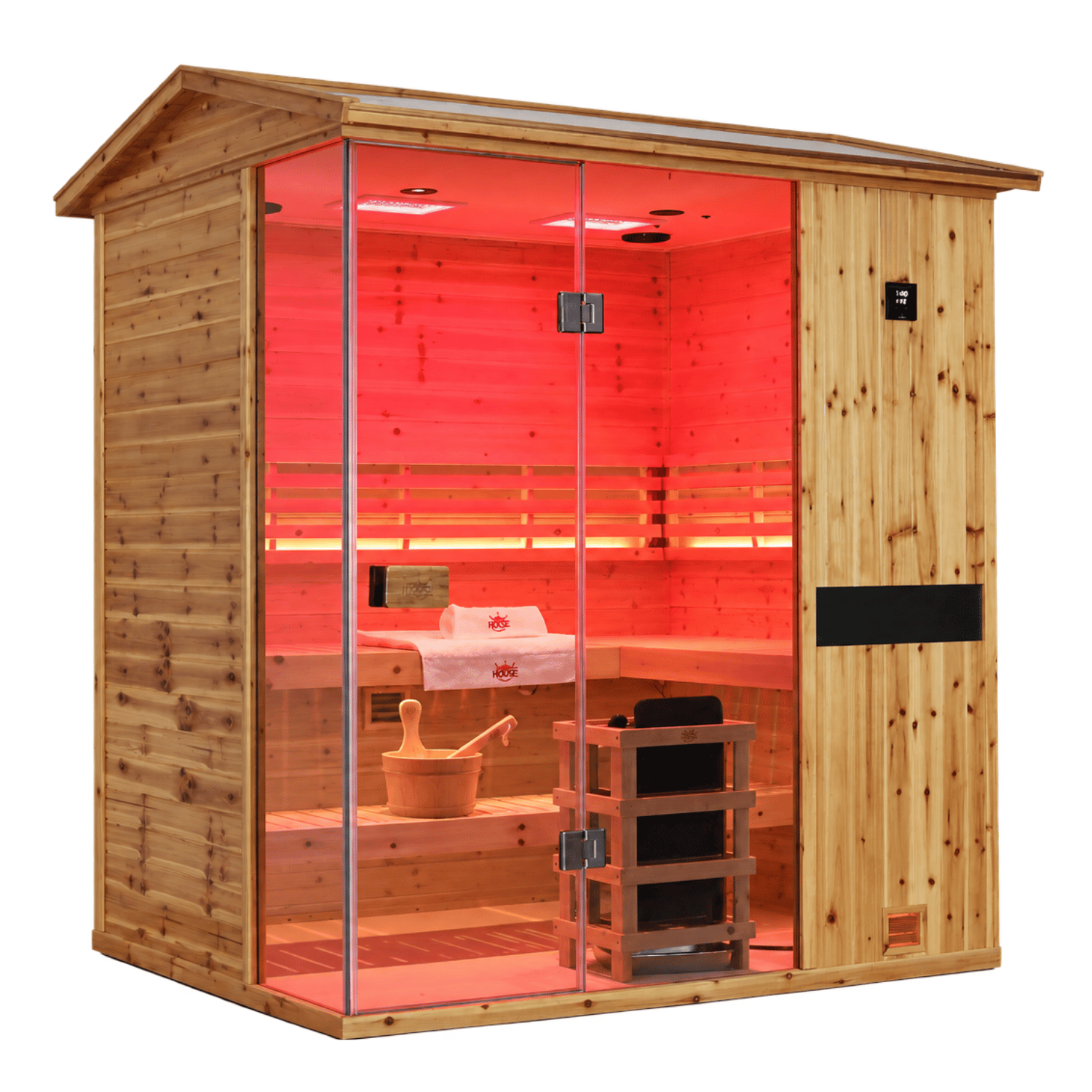 704VS outdoor sauna made from fir wood, featuring a V-roof for water drainage and an oil-wax finish for weather protection.