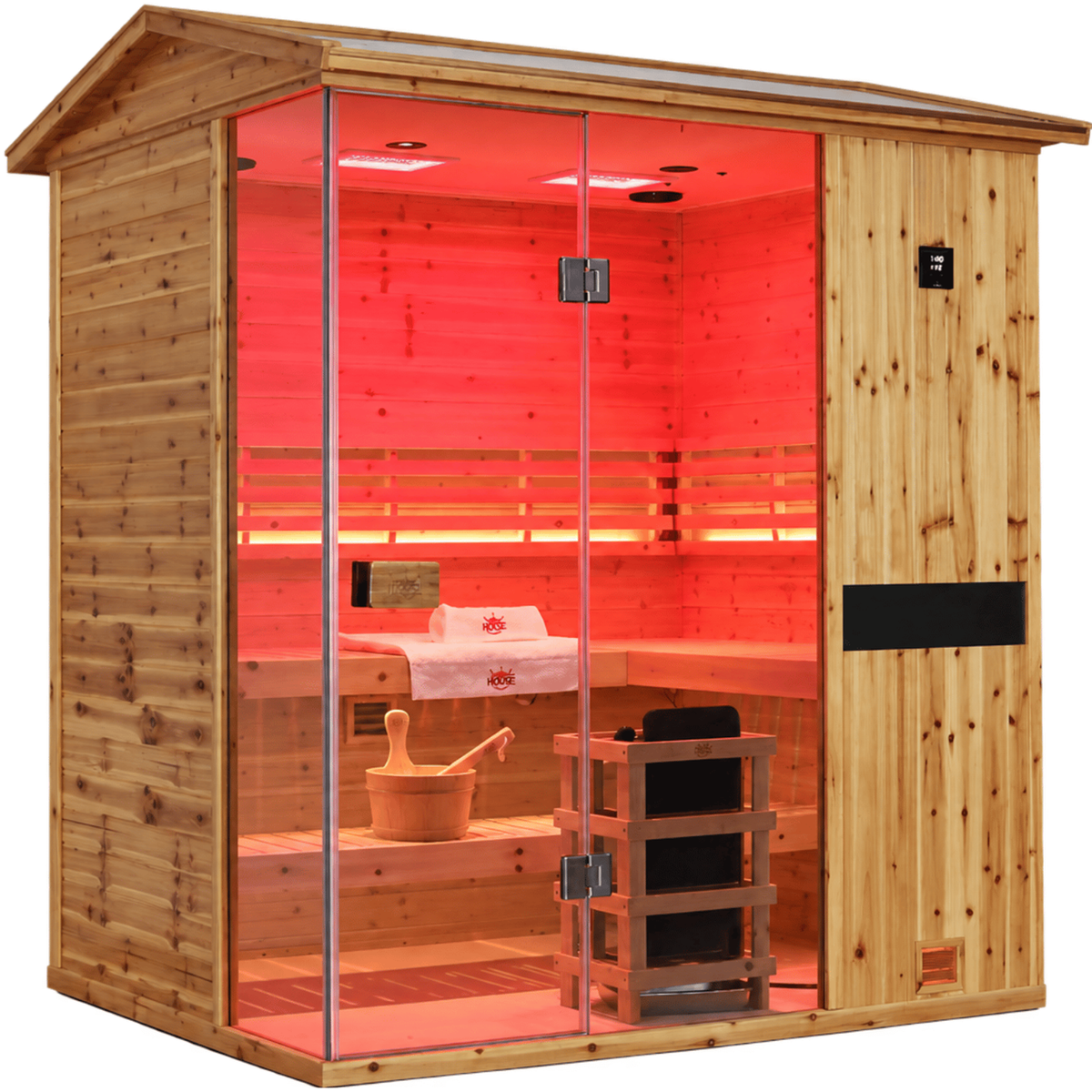 704VS outdoor sauna made from fir wood, featuring a V-roof for water drainage and an oil-wax finish for weather protection.