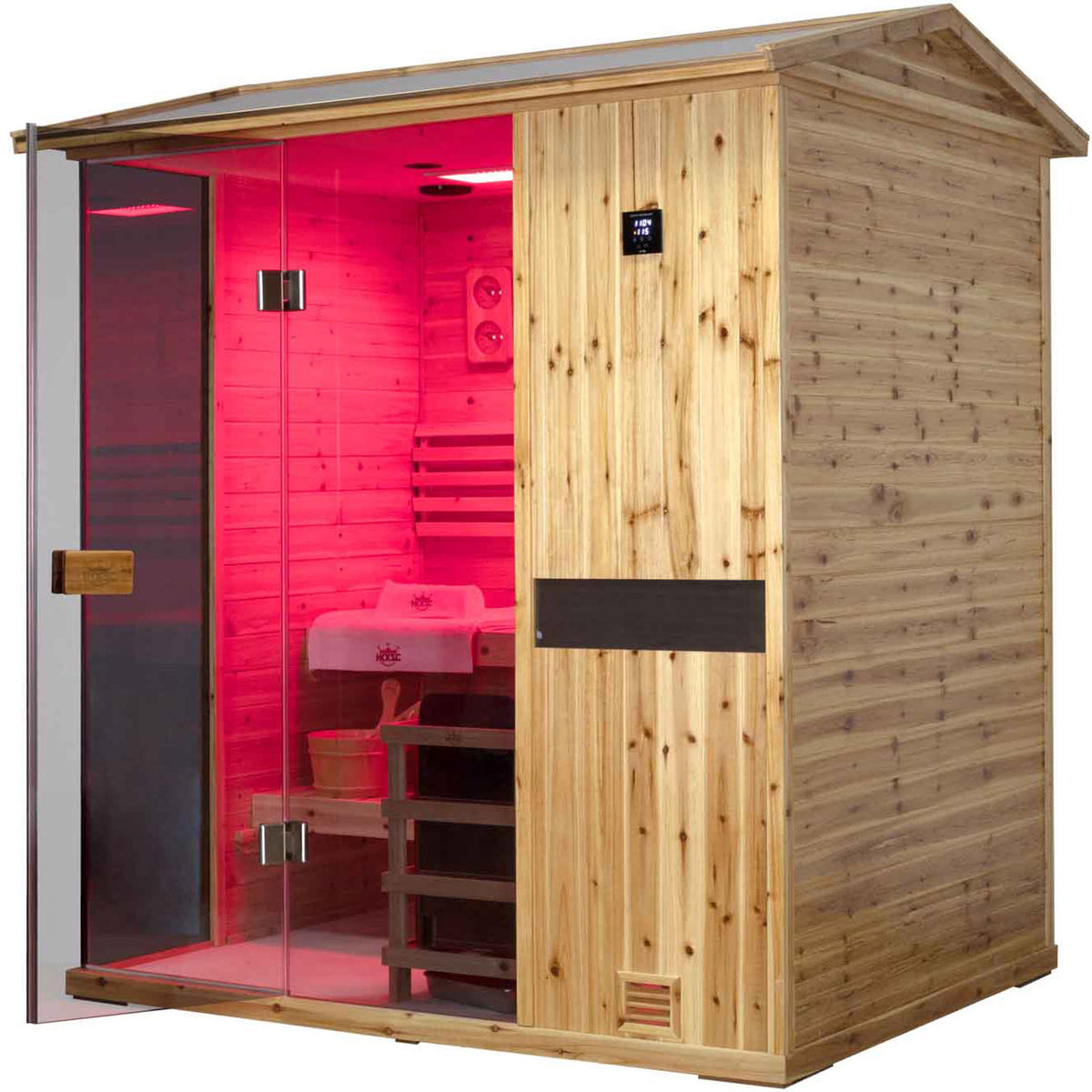 Outdoor V-top steam sauna with old fir logs, environmentally friendly and healthy