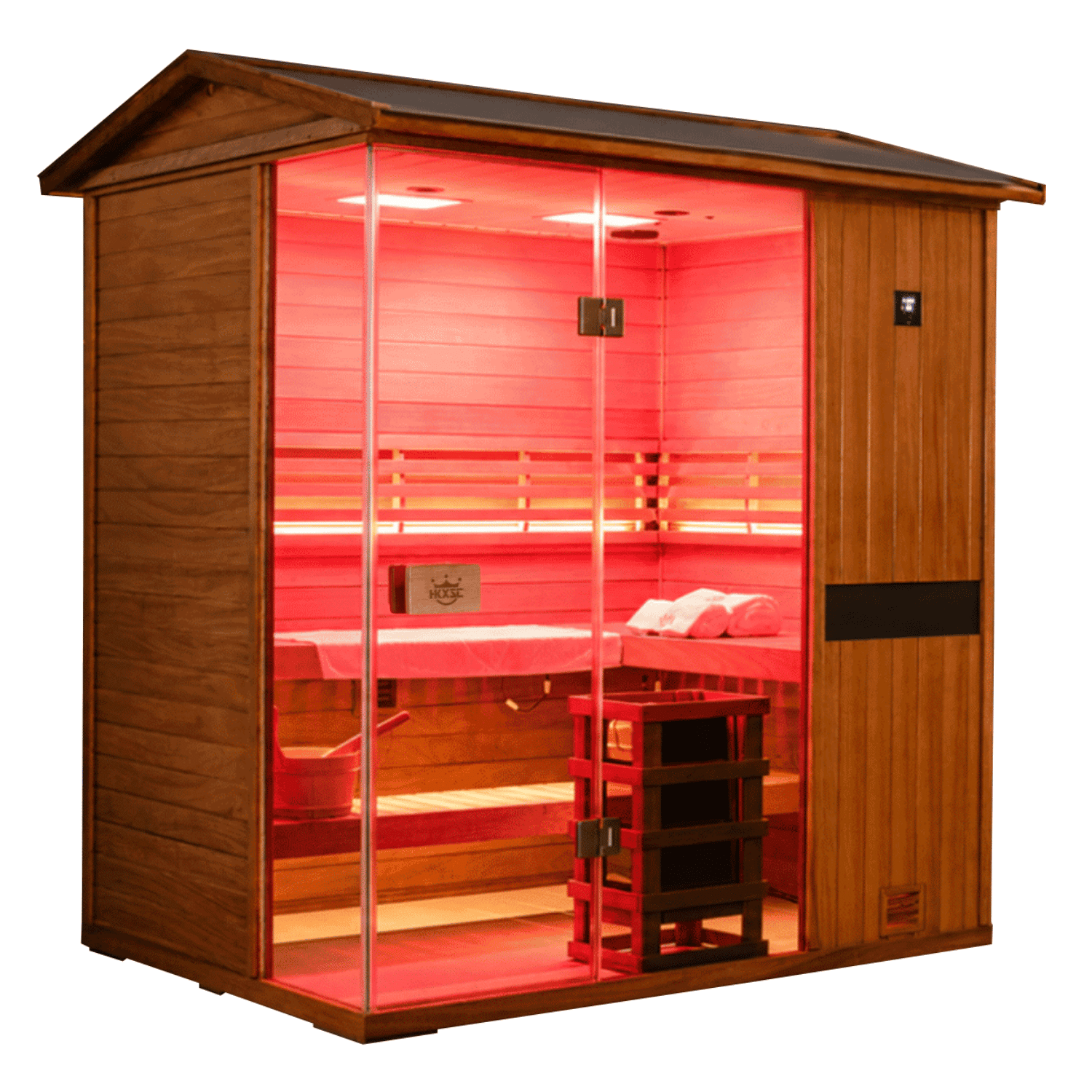 704VT outdoor sauna made from African mahogany with a weather-protective finish and V-roof design
