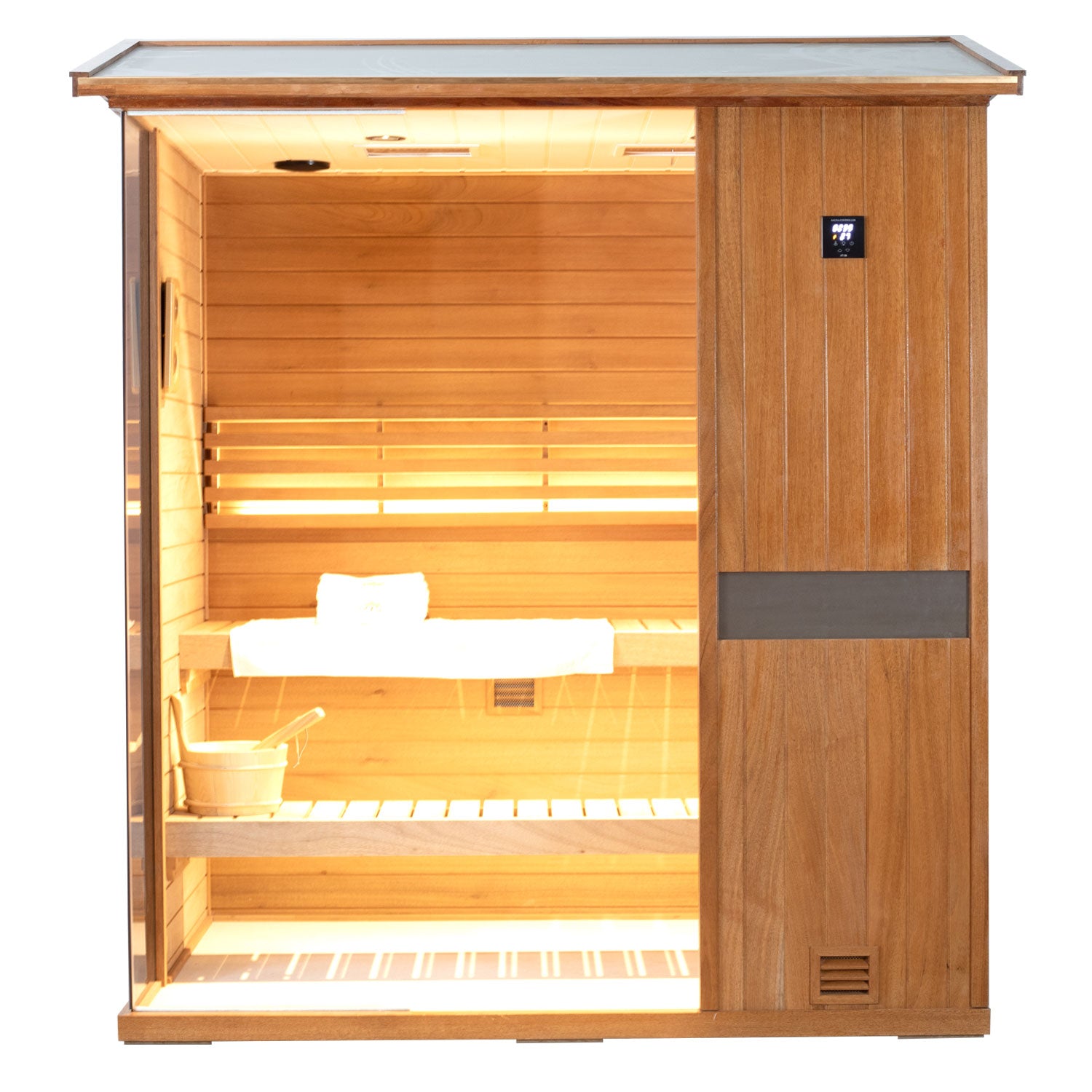 Mahogany log V-roof outdoor steam sauna, sturdy and stable