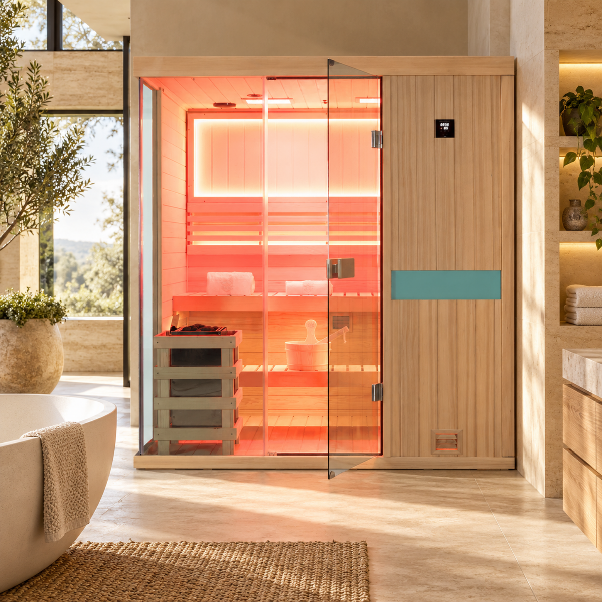 HKXSC 704SH 4-Person indoor sauna made from hemlock wood, with a water-based clear finish for a home sauna space