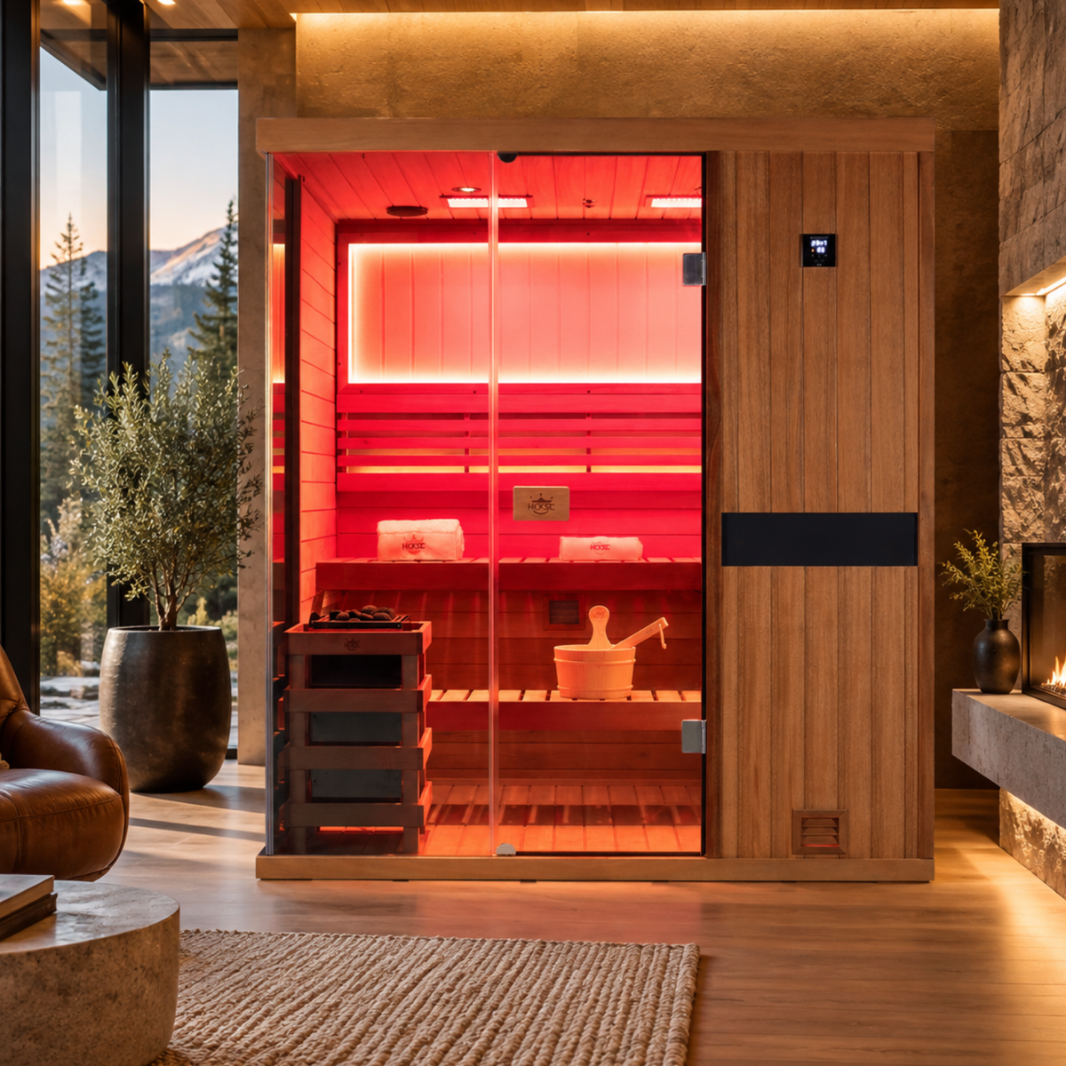 HKXSC 704ST 4-Person indoor African mahogany sauna with a water-based clear finish, 660nm red lights, and negative-ion panels
