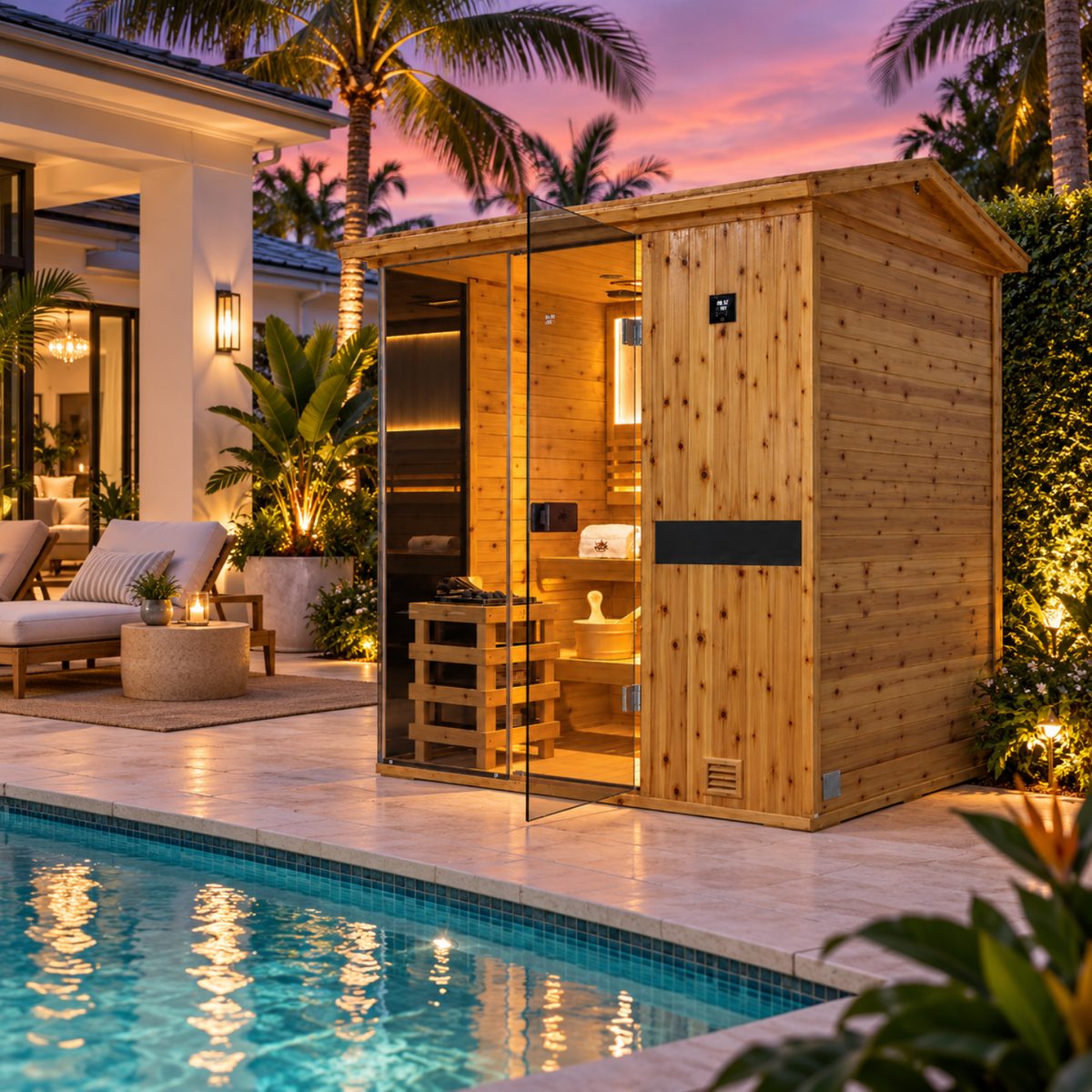 HKXSC 704VS 4-Person outdoor sauna crafted from US fir wood, with an oil-wax exterior finish for weather protection
