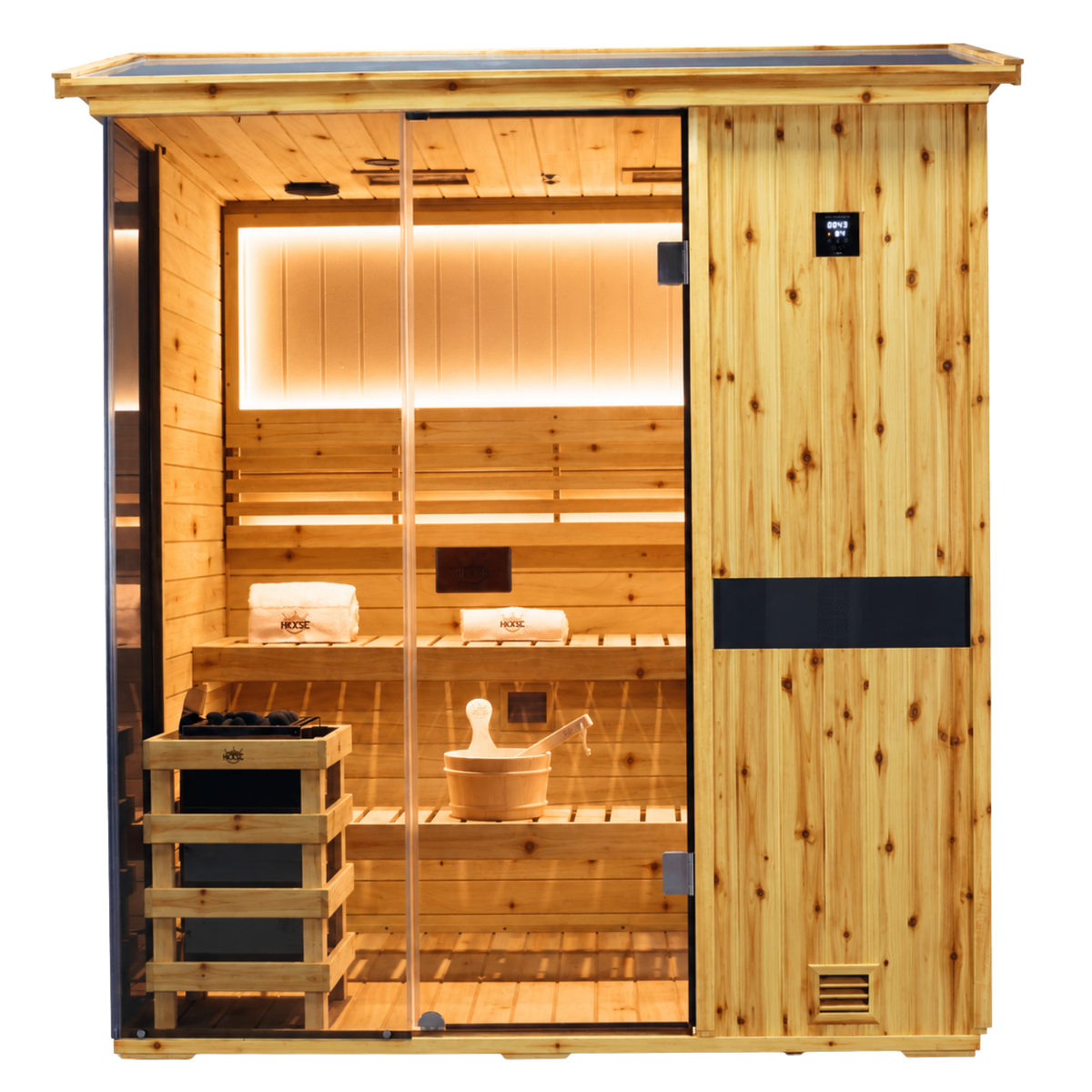 HKXSC 704VS 4-Person outdoor sauna featuring US fir wood construction and an oil-wax finish for weather protection