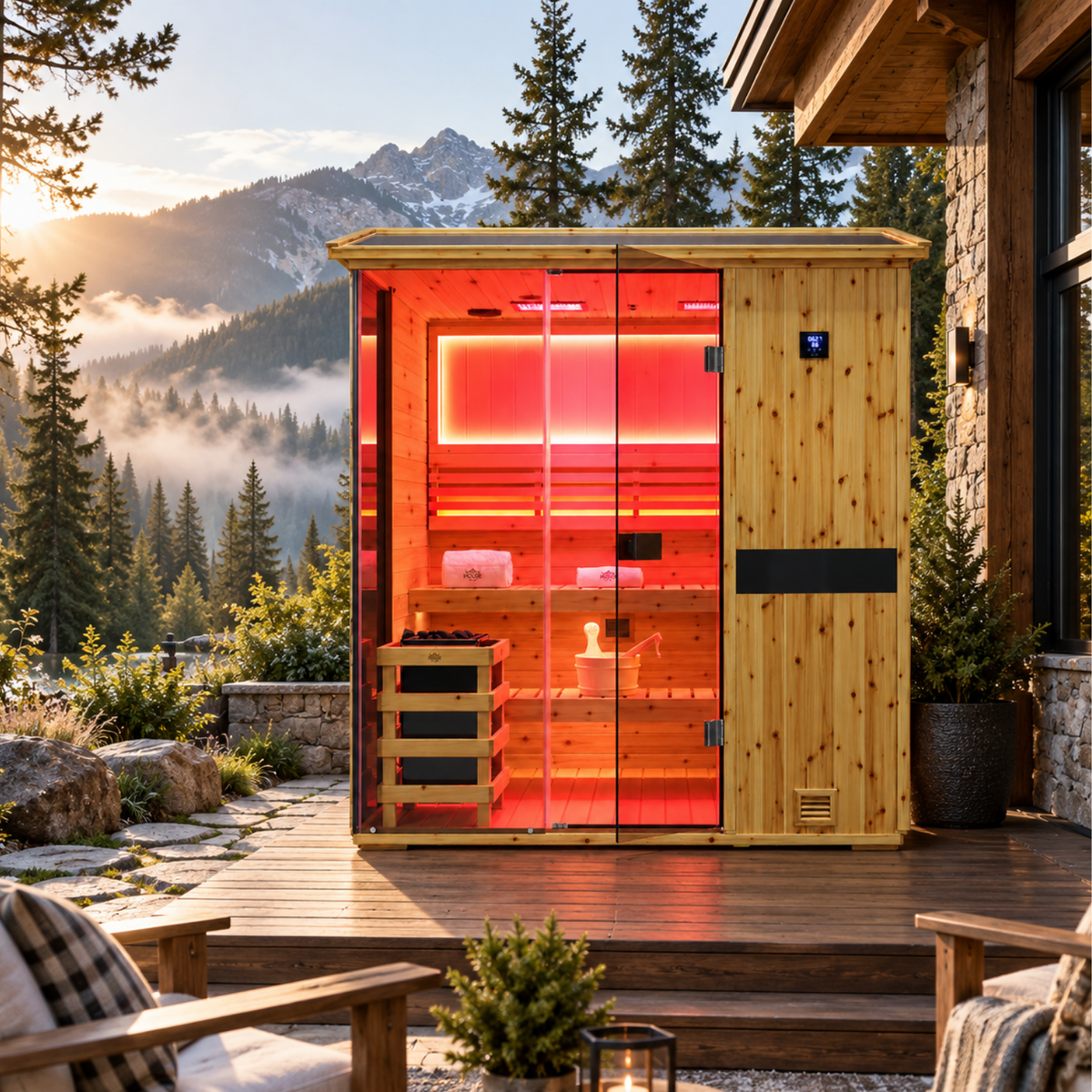 HKXSC 704VS 4-Person US fir wood sauna featuring a V-shaped roof for rainwater drainage and 660nm red lights