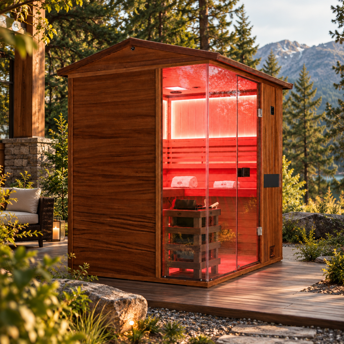 HKXSC 704VT 4-Person outdoor sauna crafted from African mahogany, with an oil-wax finish for weather protection