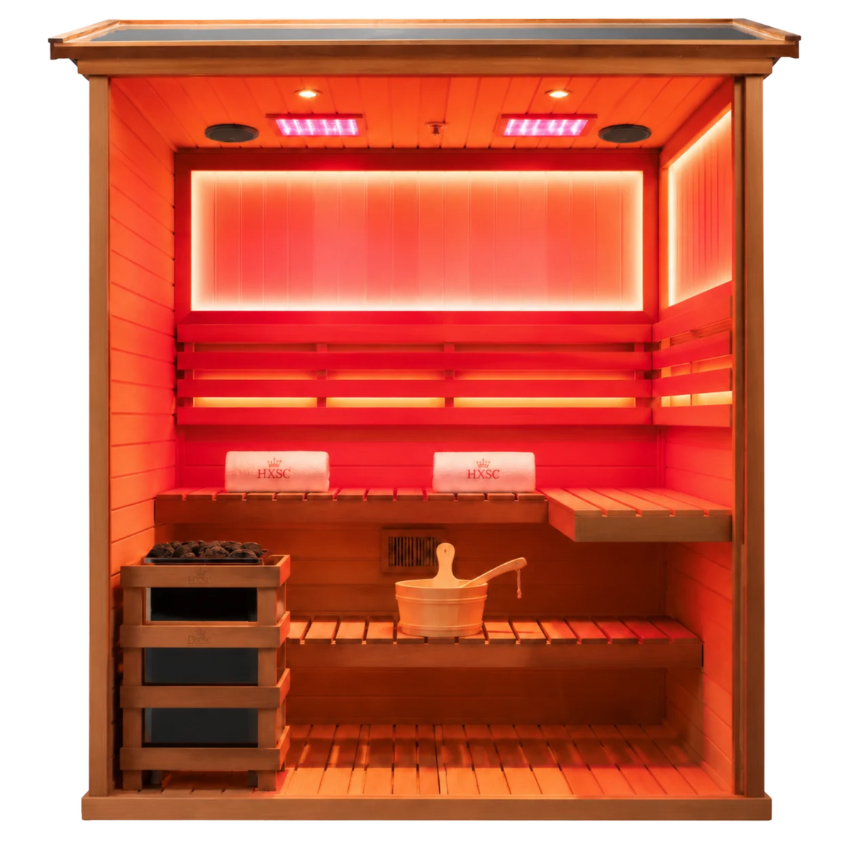 HKXSC 704VT 4-Person outdoor African mahogany sauna with an oil-wax finish, a V-shaped roof, and negative-ion panels
