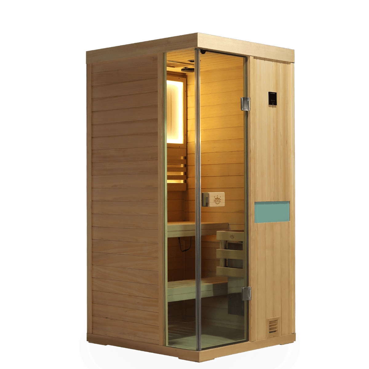 HKXSC model 701SH upgraded indoor steam sauna, natural hemlock wood with smooth interior bench