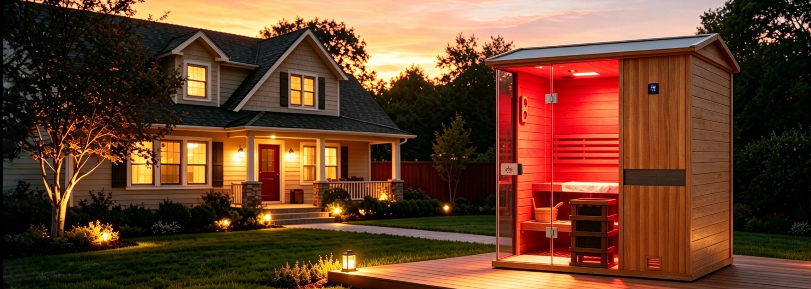 HKXSC 704VT 4-Person Outdoor Mahogany Steam Sauna – Full Cabin Structure Installed on a Backyard Deck Surrounded by Natural Landscape