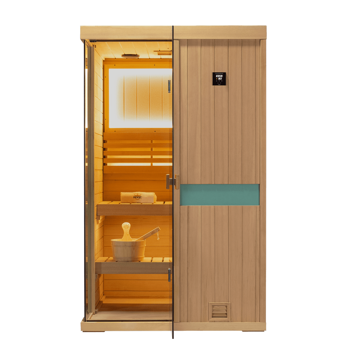 Upgraded home wellness sauna for two adults, indoor hemlock cabin with 660‑nm red‑light treatment function