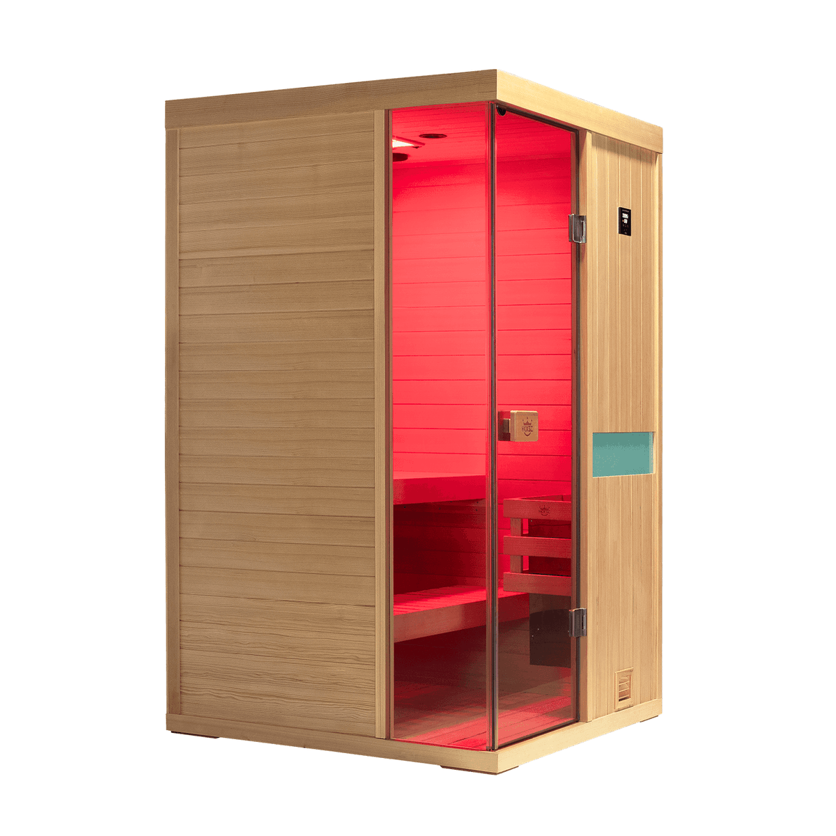 Angled photo of upgraded hemlock sauna room placed inside living‑space, 660nm red‑light ready