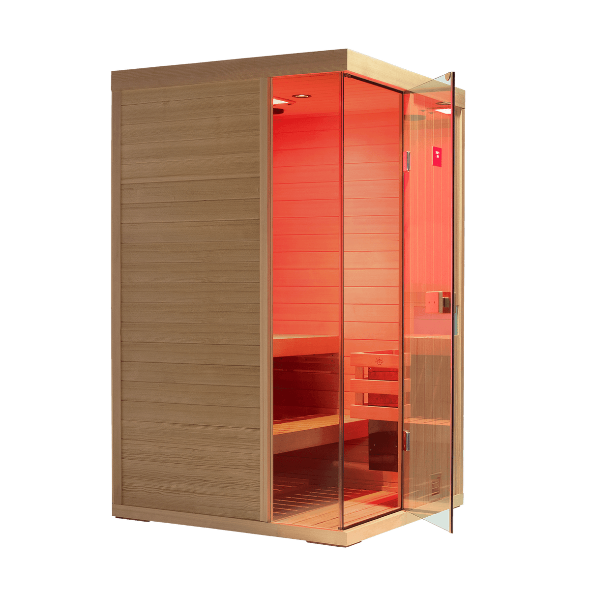 Glass‑door 2‑seat home sauna built from hemlock wood, upgraded with integrated 660 nm red‑light panels