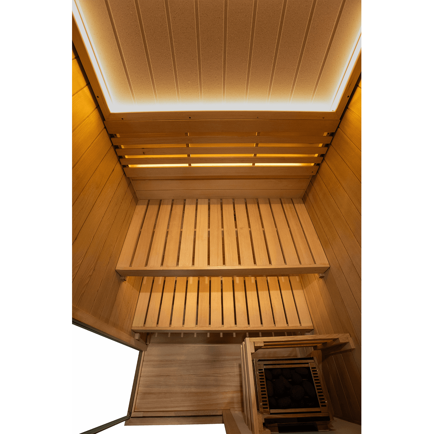 Front view of premium two‑person home sauna made of canadian hemlock wood, equipped with 660 nm red‑light function