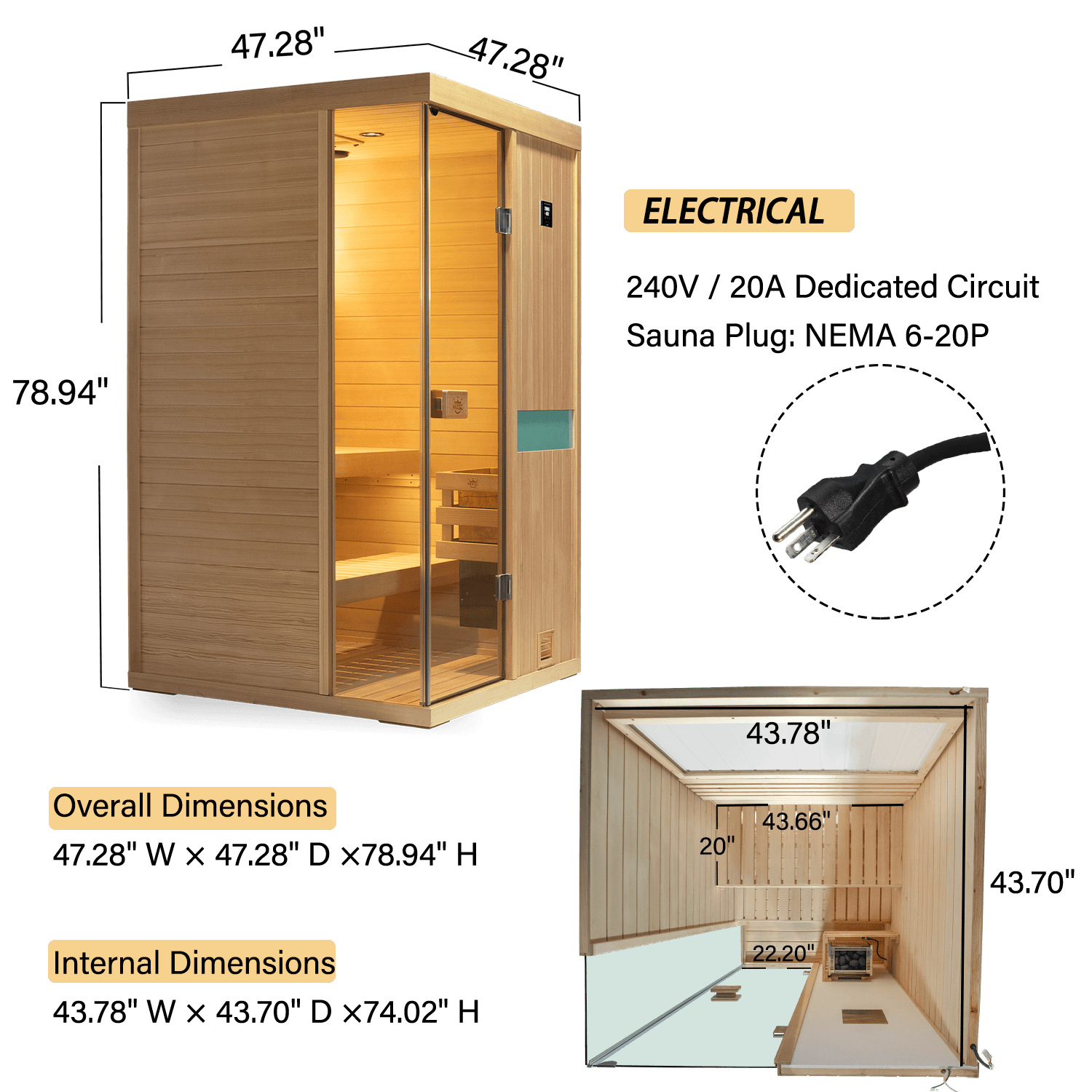 A wooden sauna with glass doors and interior shelving, shown with dimension callouts and an inset of the electrical plug. The image includes overall and internal dimensions and an electrical specification callout on a white background.