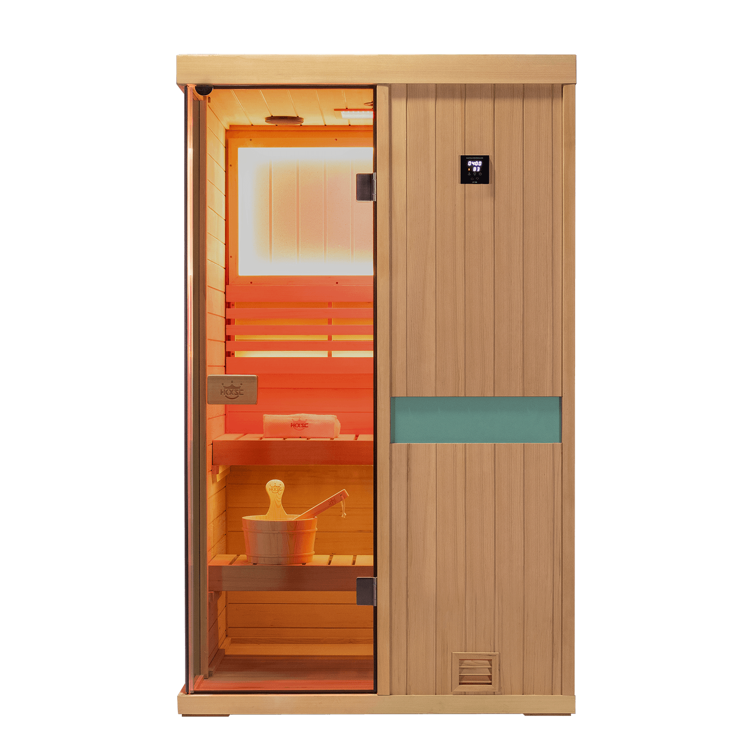 Interior close‑up of 660nm red‑light panel inside upgraded 2‑person hemlock indoor sauna