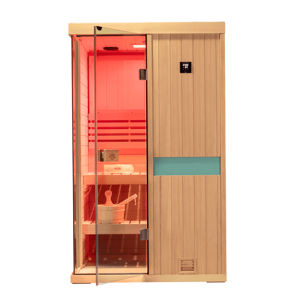 Interior close‑up of 660nm red‑light panel inside upgraded 2‑person hemlock indoor sauna