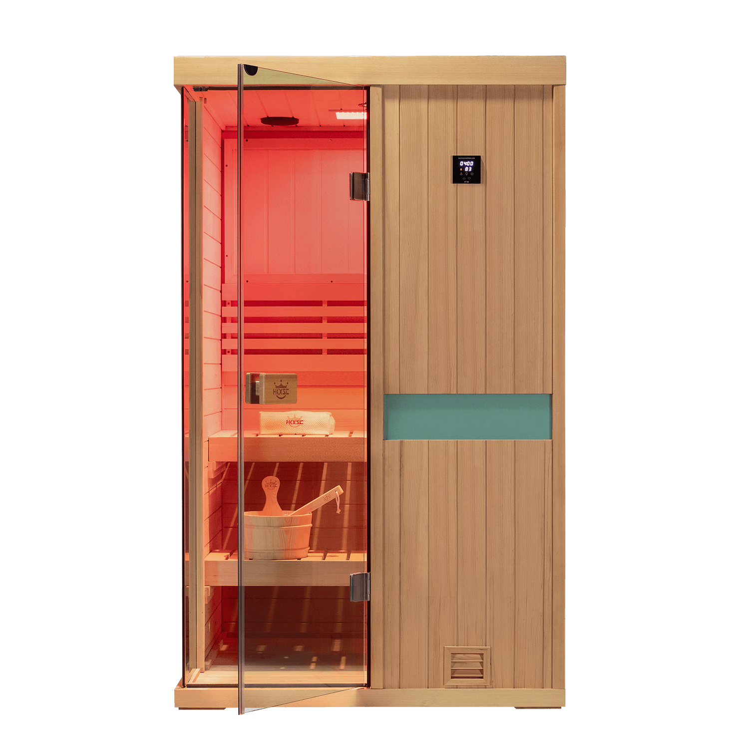 Luxury indoor sauna cabin for 2 people, solid hemlock construction, upgraded 660‑nanometer red‑light system
